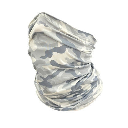Gray and white camouflage neck gaiter on a white background
