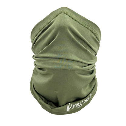 Green neck gaiter with a brand logo on a white background