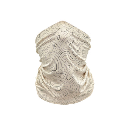 Neck gaiter with topographic pattern on a white background