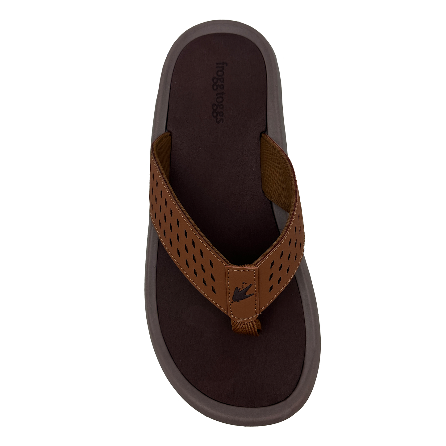 Brown sandal with a visible brand logo on a white background
