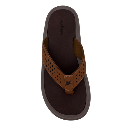 Brown sandal with a visible brand logo on a white background