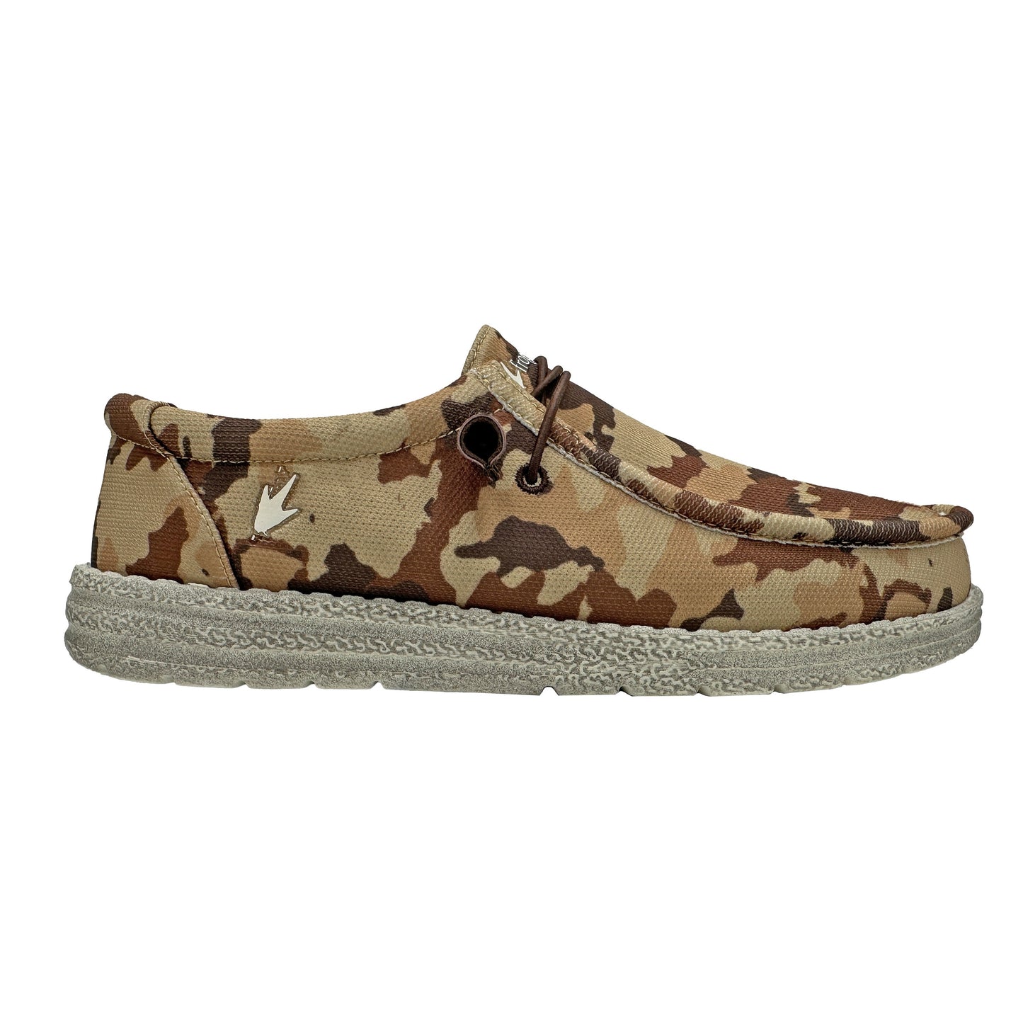 Camouflage-patterned shoe on a white background
