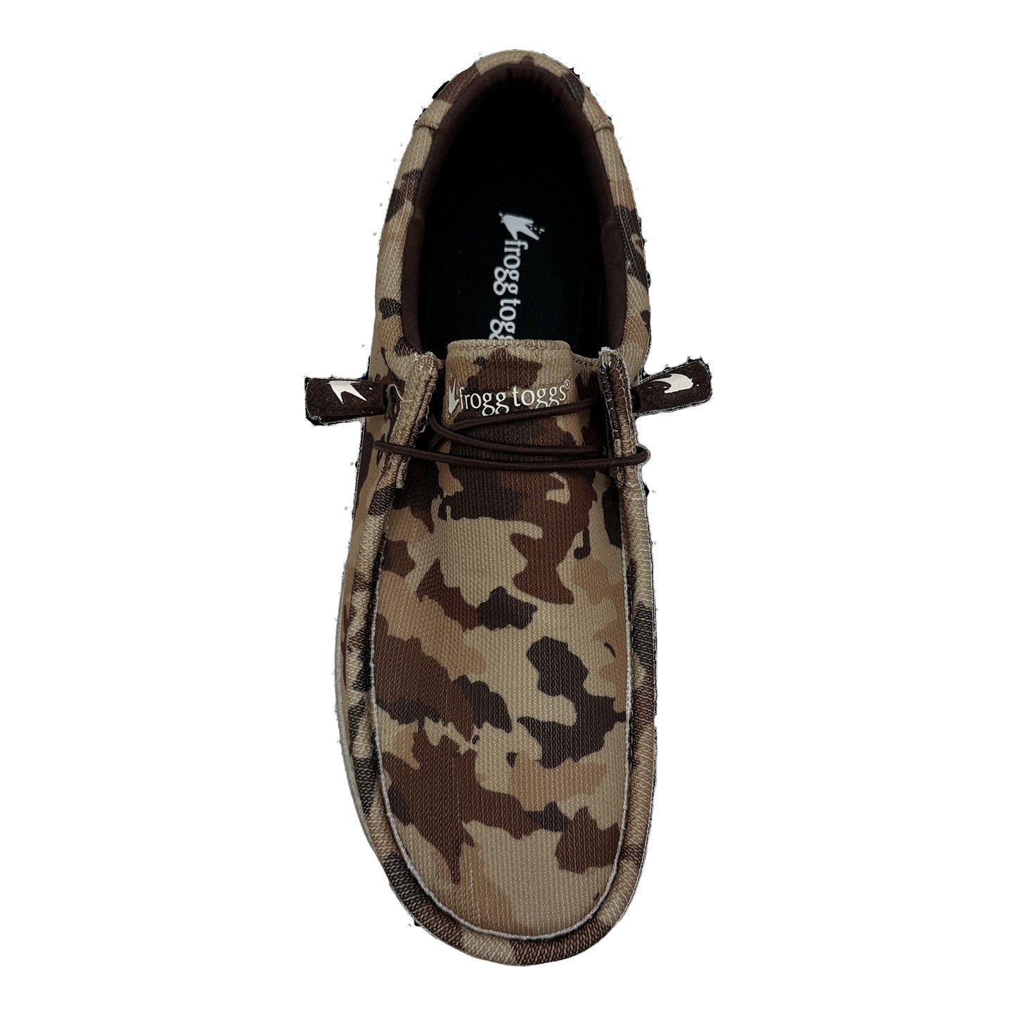Camouflage-patterned shoe with brand logo on a white background