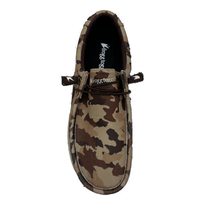 Camouflage-patterned shoe with brand logo on a white background