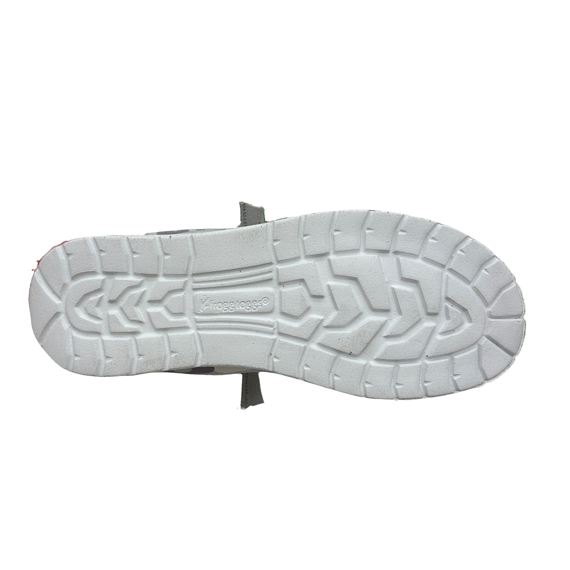 White sole of a shoe with brand logo on a white background