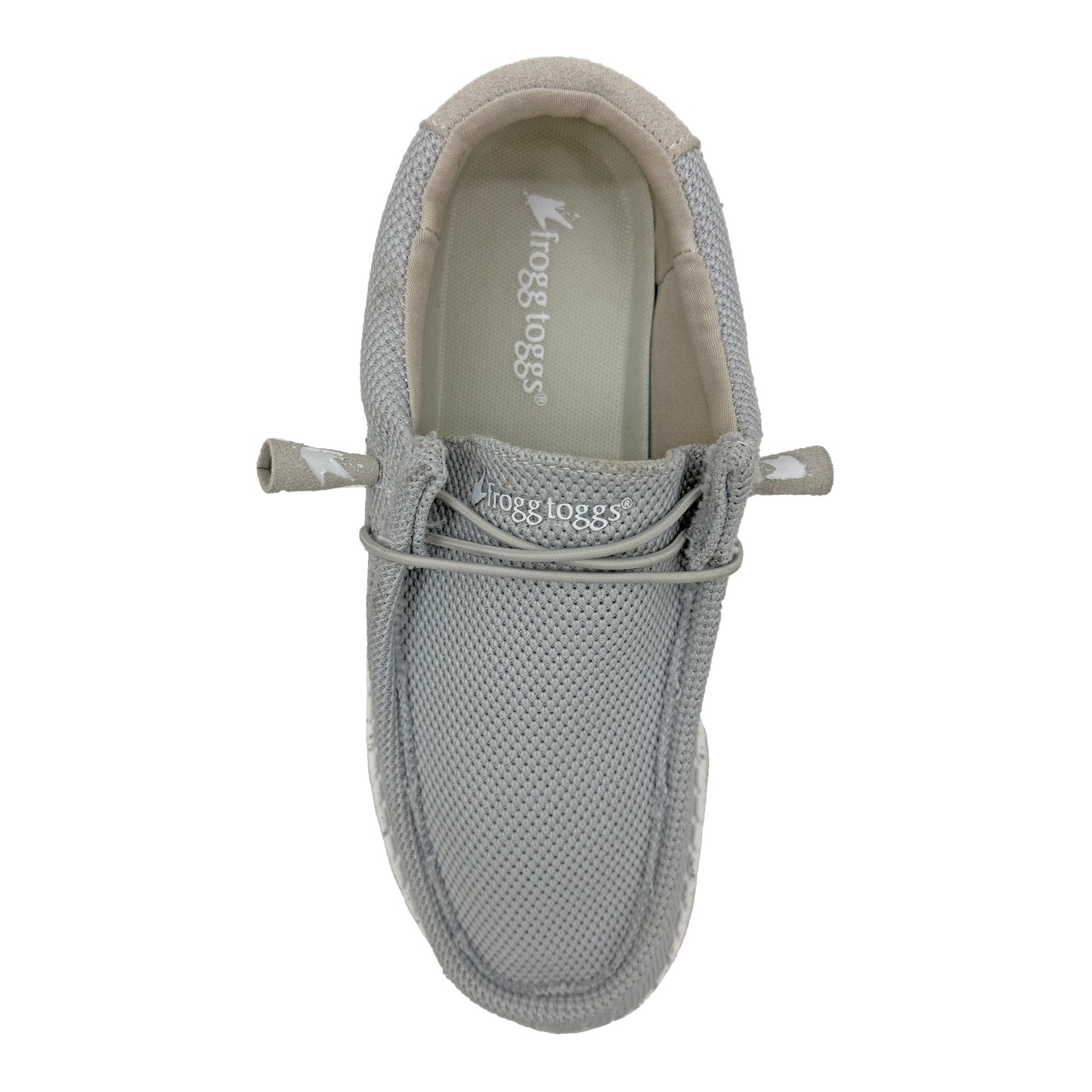 Gray slip-on shoe with a brand logo on a white background