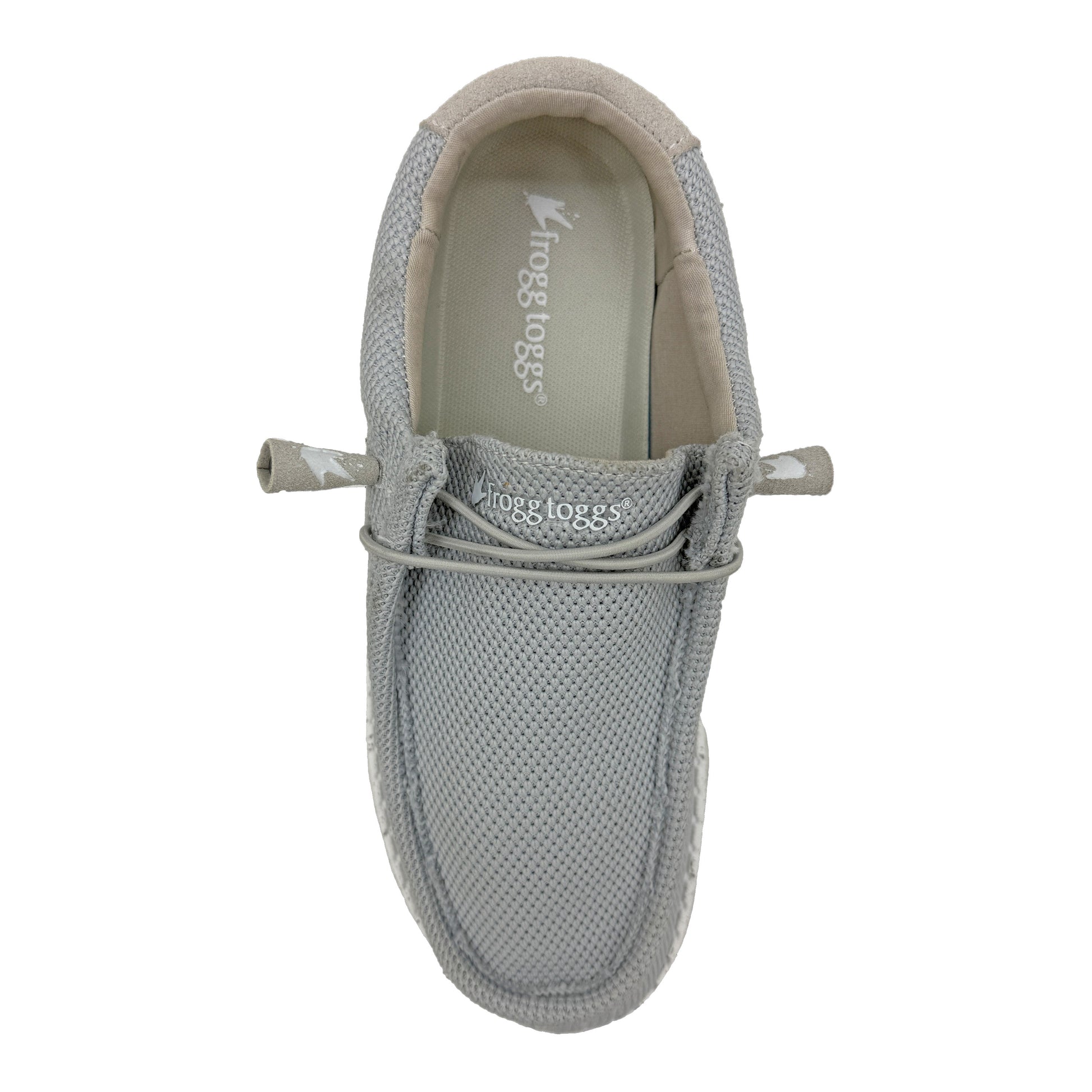 Gray slip-on shoe with a brand logo on a white background