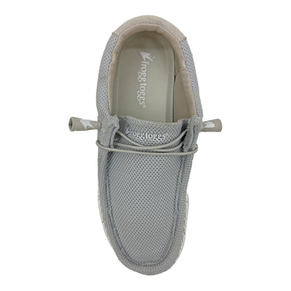 Gray slip-on shoe with a brand logo on a white background