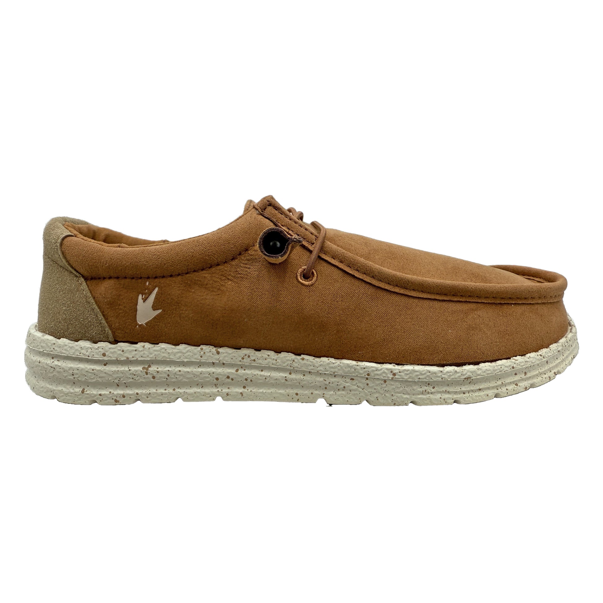 Brown slip-on shoe with a white sole on a white background