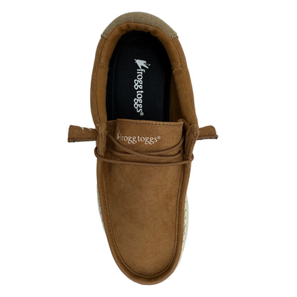 Brown suede shoe with 'Frogg Toggs' branding on a white background