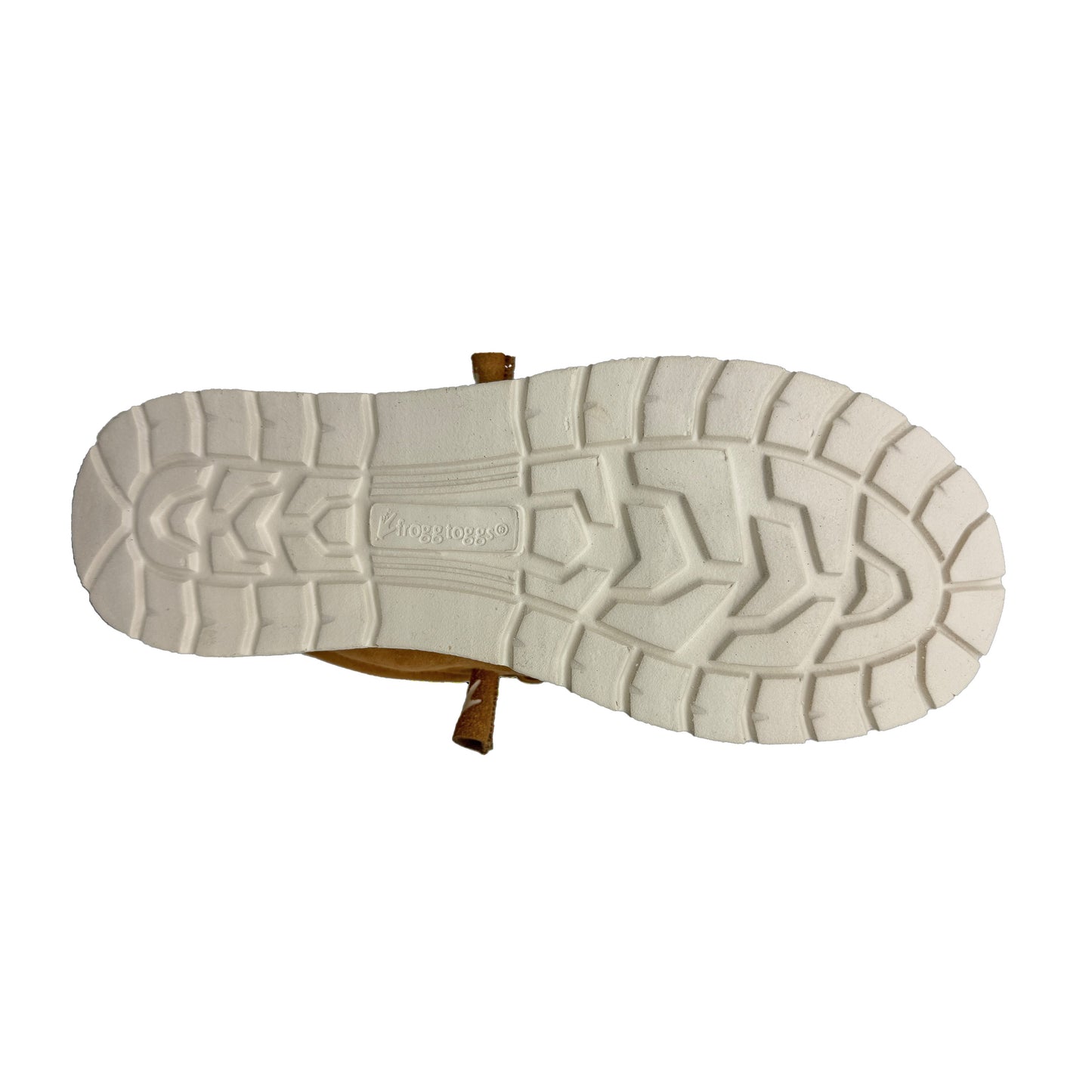 White sole of a shoe with tread pattern on a white background
