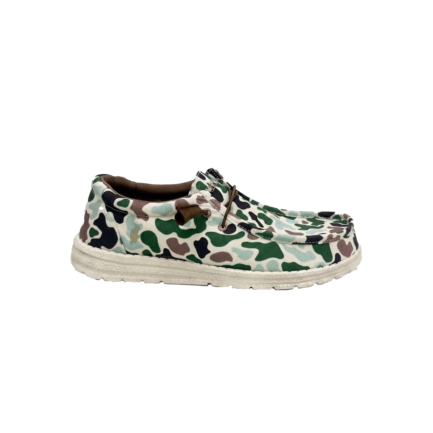 Camouflage-patterned shoe on a white background