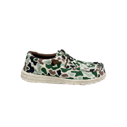 Camouflage-patterned shoe on a white background
