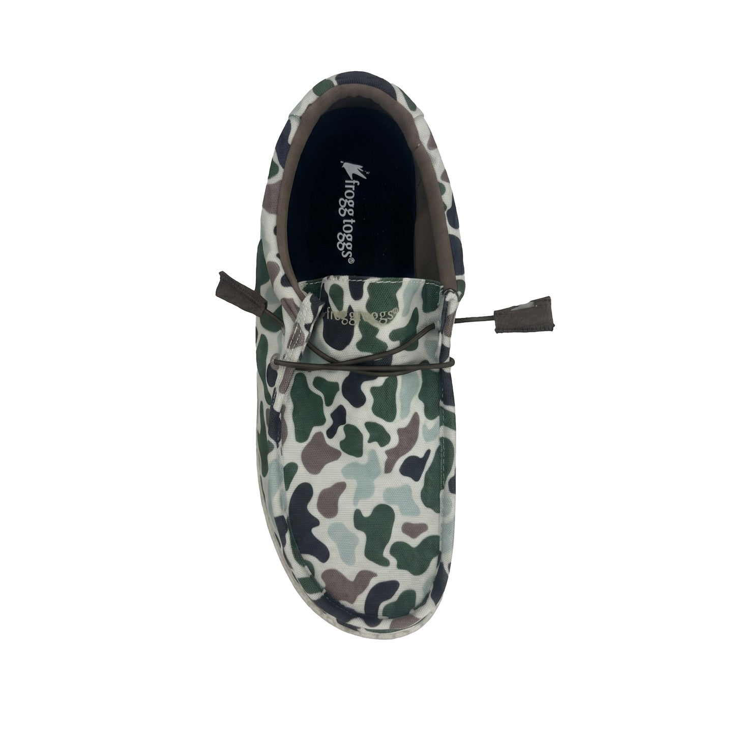 Camouflage-patterned slip-on shoe with a brand logo on a white background