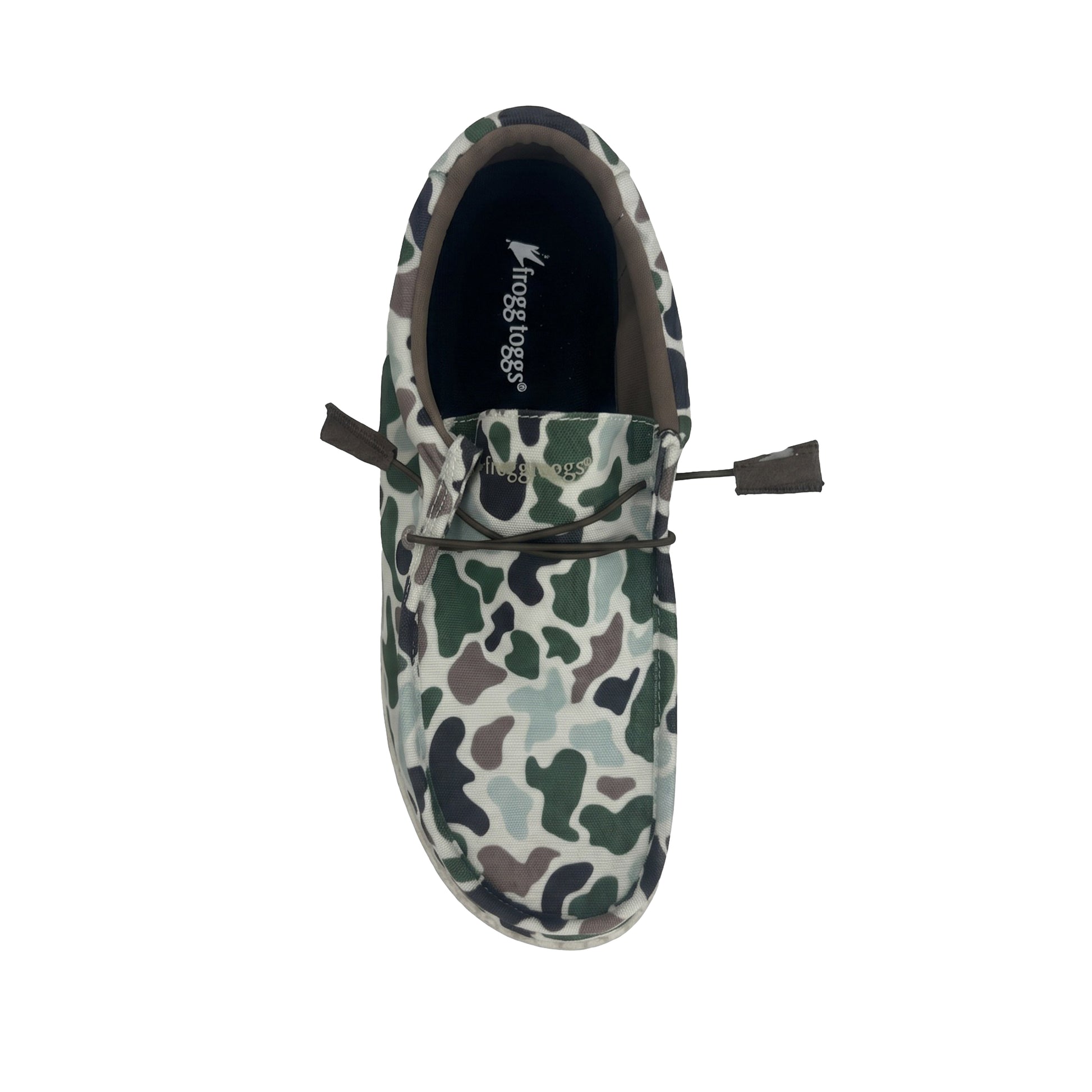 Camouflage-patterned slip-on shoe with a brand logo on a white background