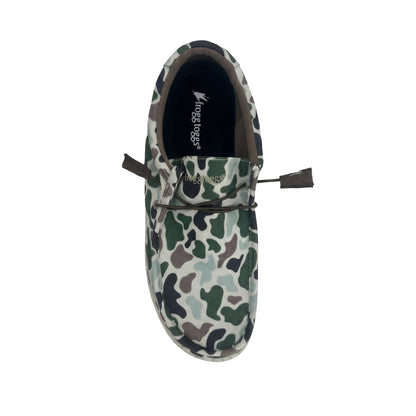Camouflage-patterned slip-on shoe with a brand logo on a white background