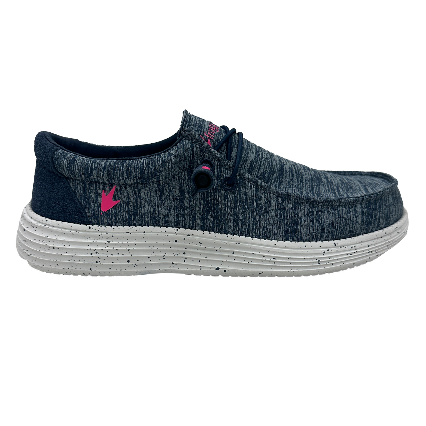 Denim Blue java shoe with hot pink logo white sole on a white background