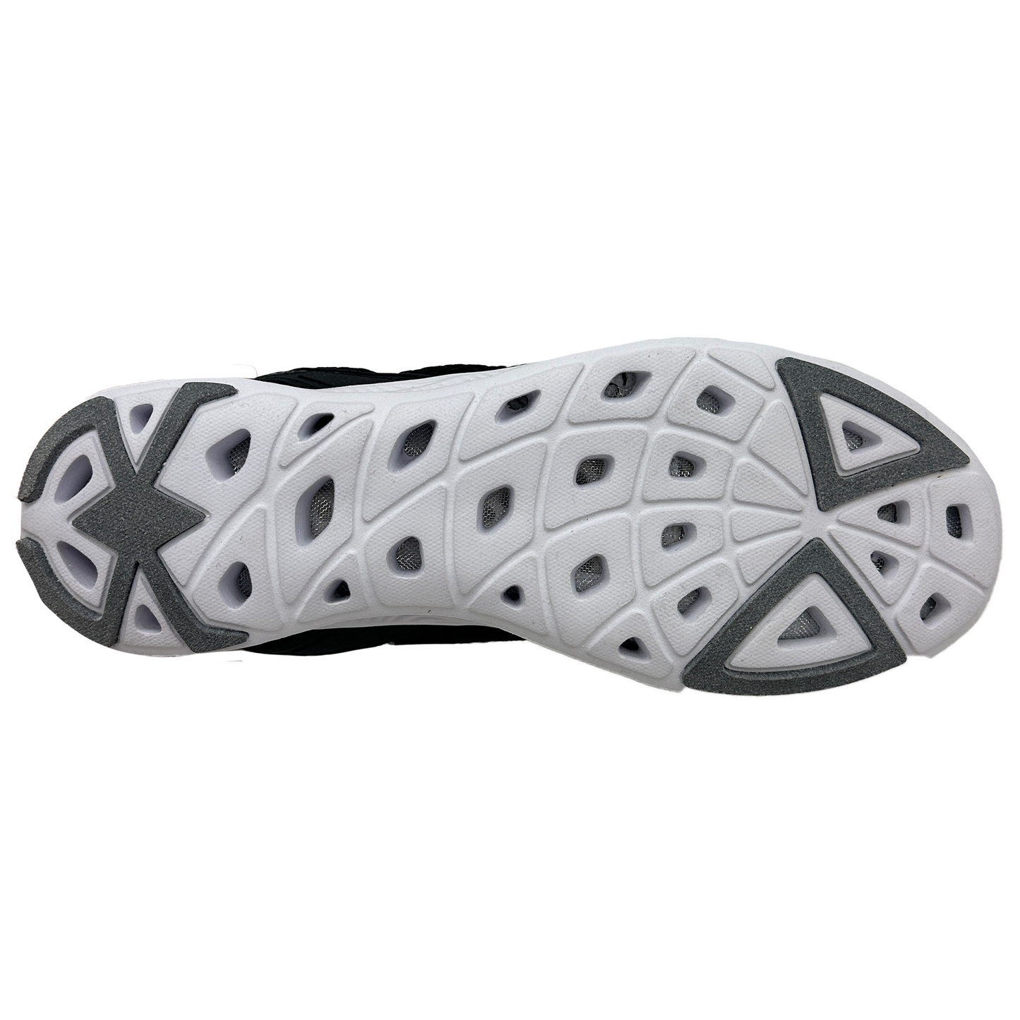 Close-up of a  shoe sole with a white and black design on a white background