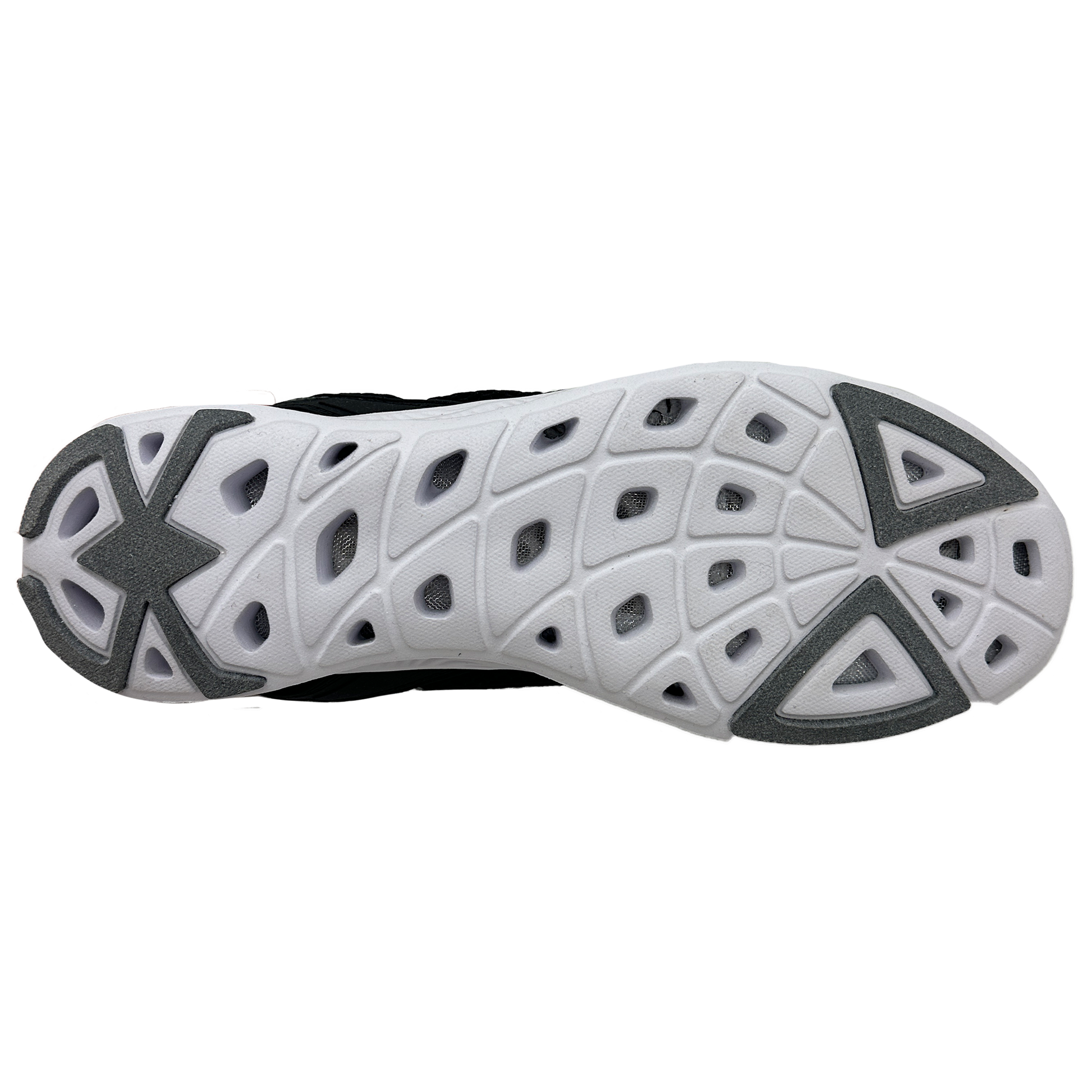 Close-up of a  shoe sole with a white and black design on a white background