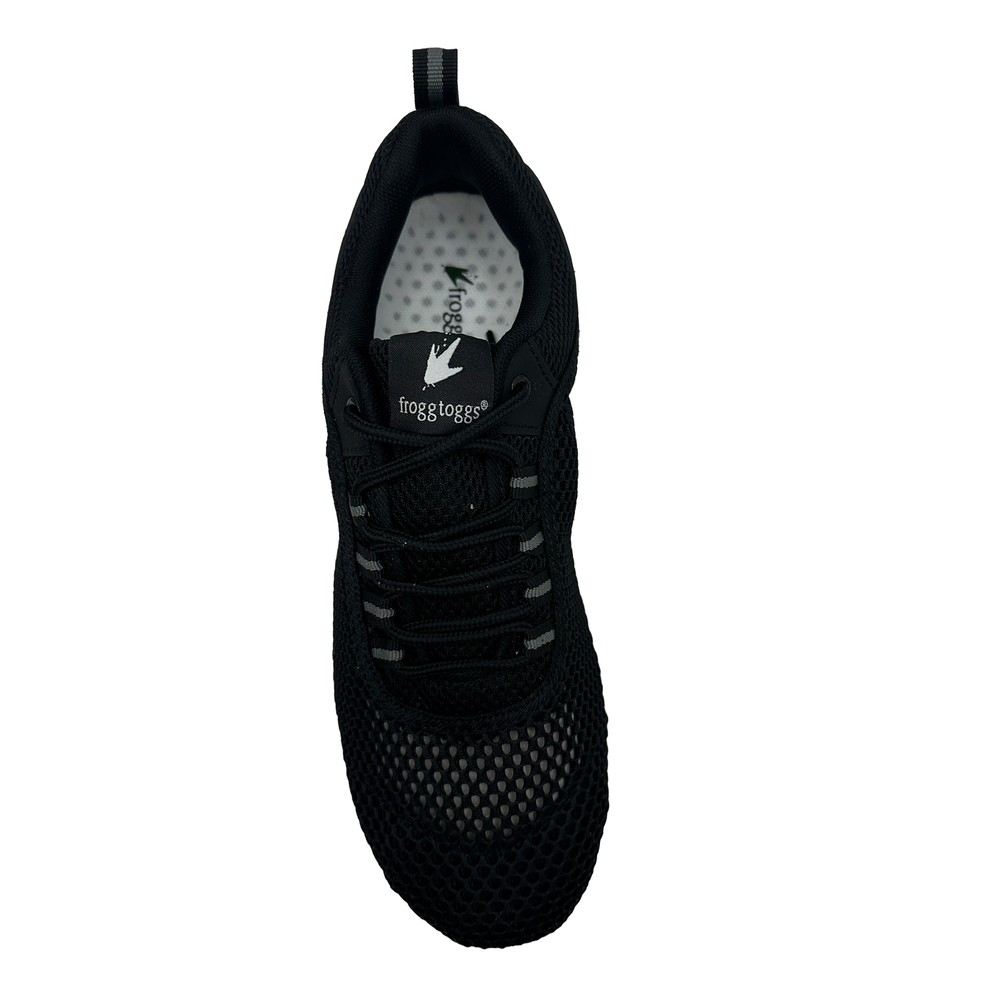 Black sneaker with a visible brand logo on a white background