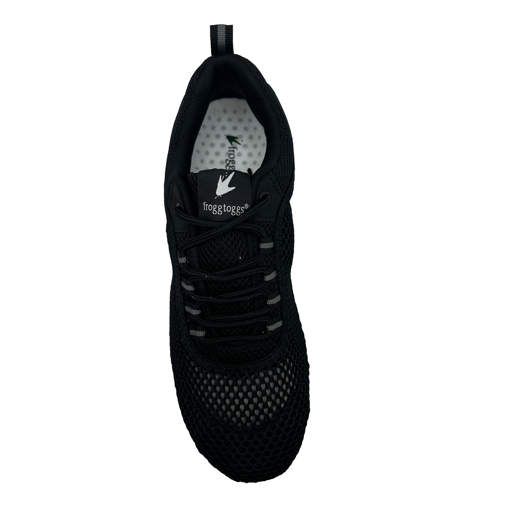 Black sneaker with a visible brand logo on a white background
