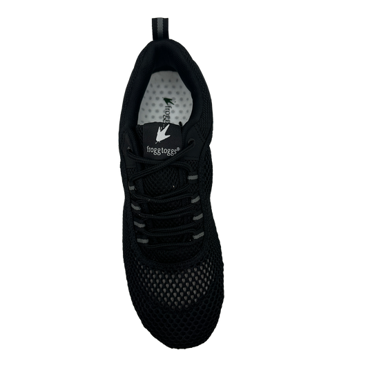 Black sneaker with a visible brand logo on a white background