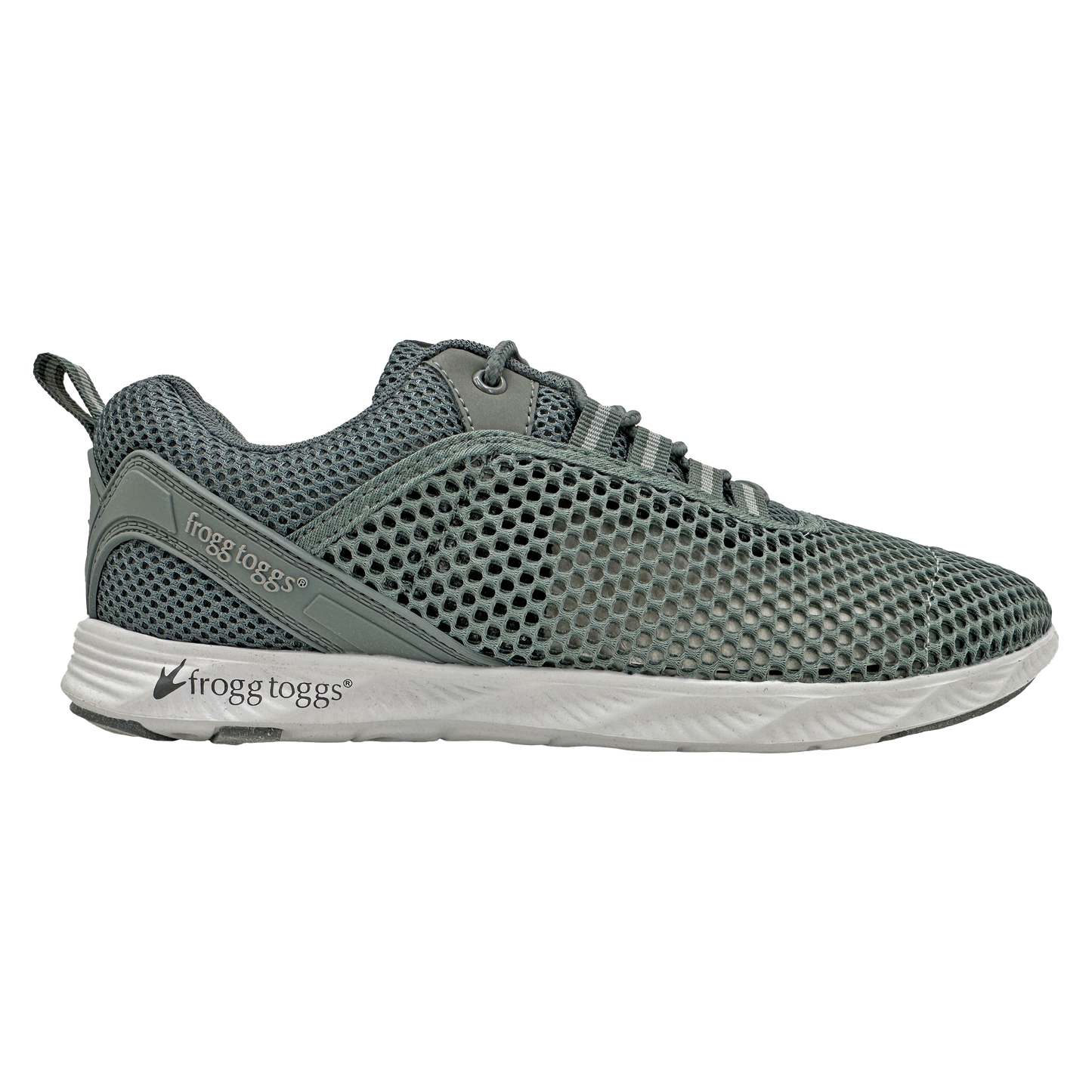 Gray sneaker with 'frogg toggs' branding on a white background