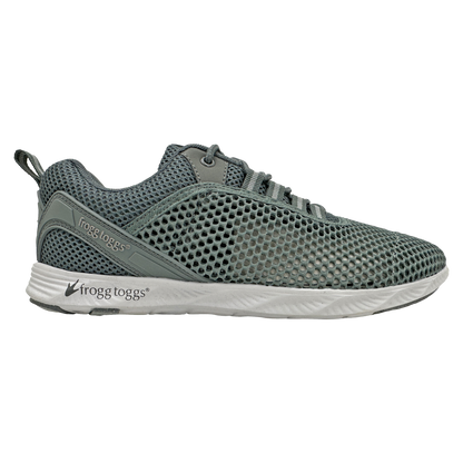 Gray sneaker with 'frogg toggs' branding on a white background