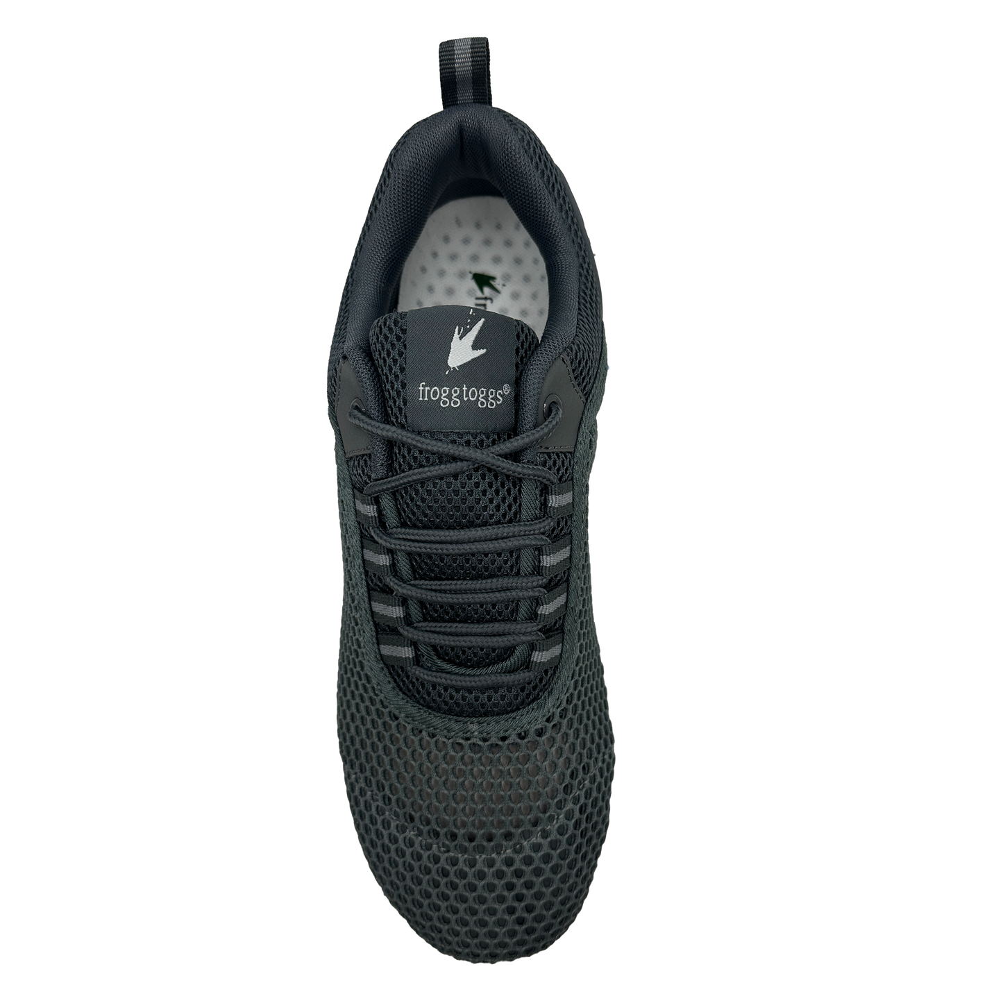 Black sneaker with a visible brand logo on a white background