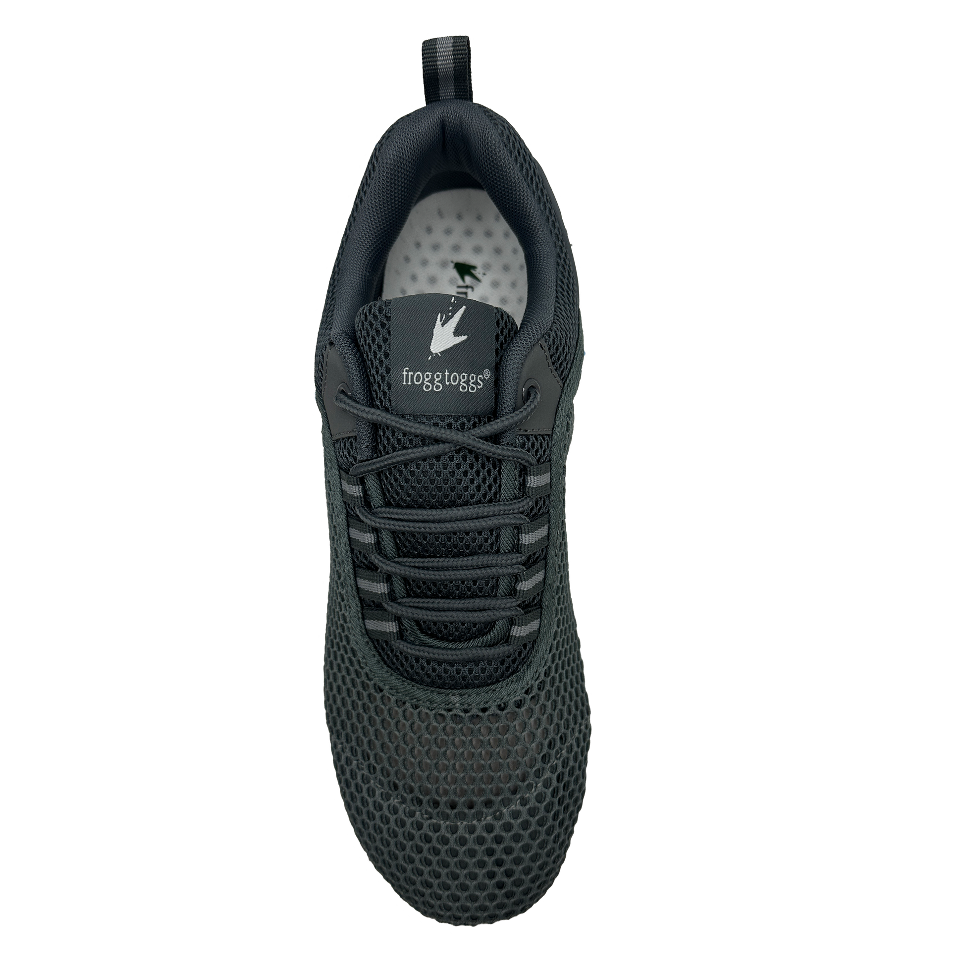 Black sneaker with a visible brand logo on a white background