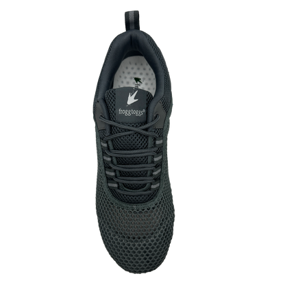 Black sneaker with a visible brand logo on a white background