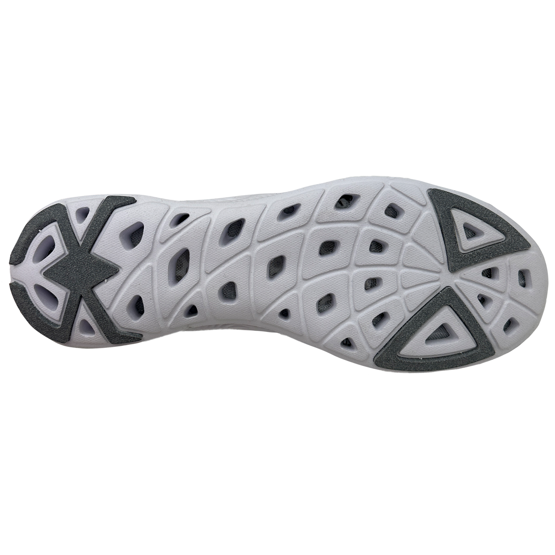 Close-up of a gray and black athletic shoe sole on a white background
