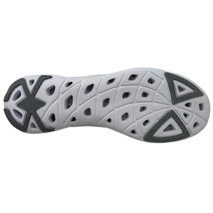 Close-up of a gray and black athletic shoe sole on a white background