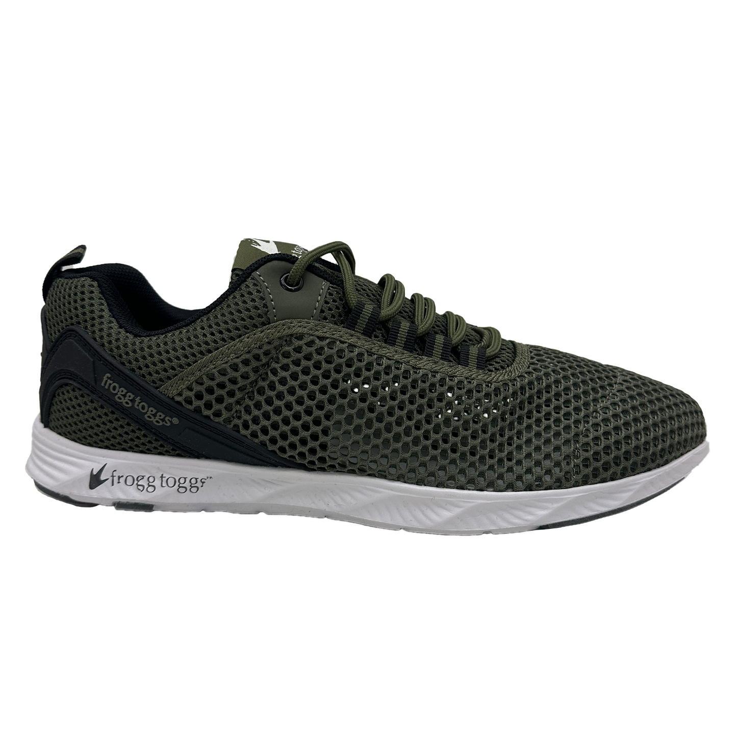 Green water shoe with white sole on a white background
