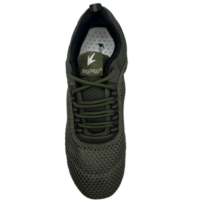 Green athletic water shoe with mesh design on a white background