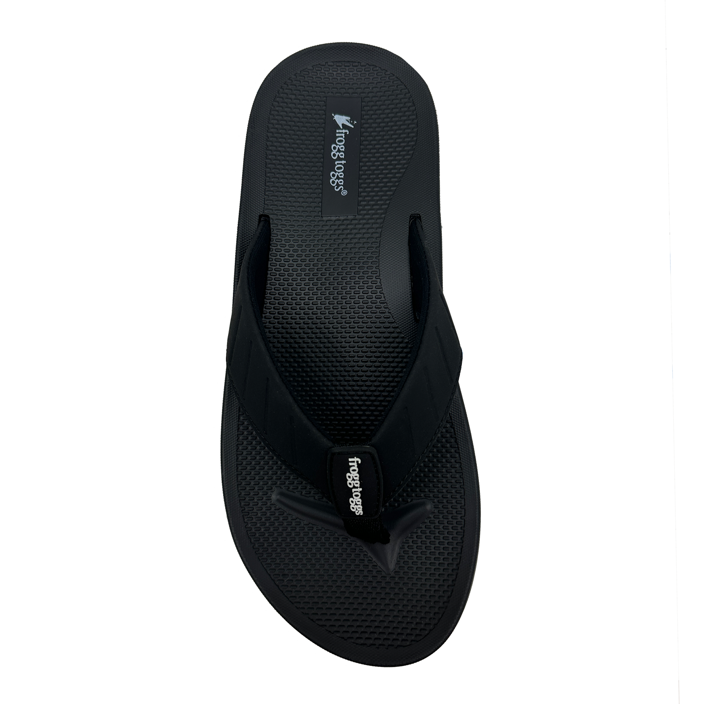 Black sandal with brand logo on a white background
