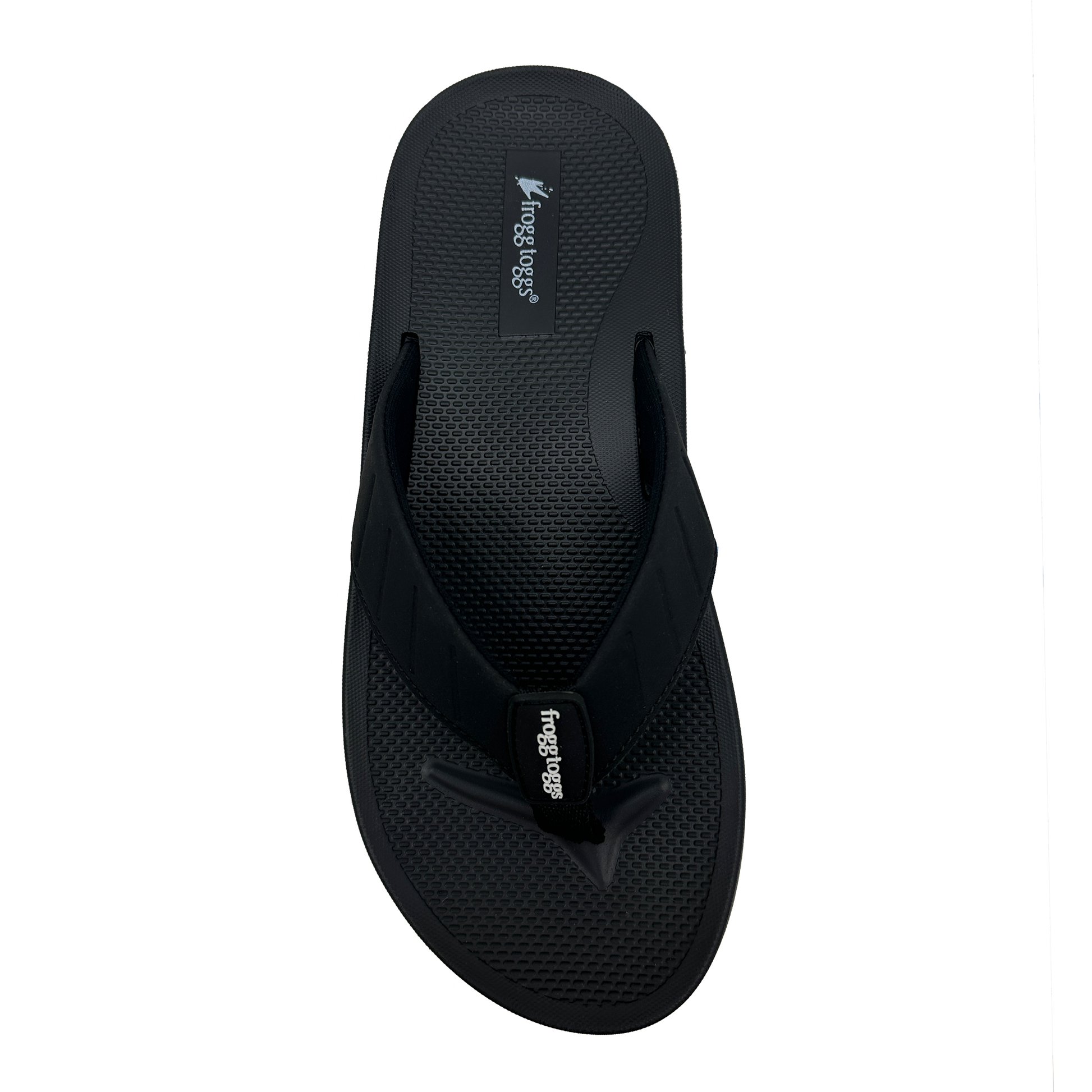 Black sandal with brand logo on a white background