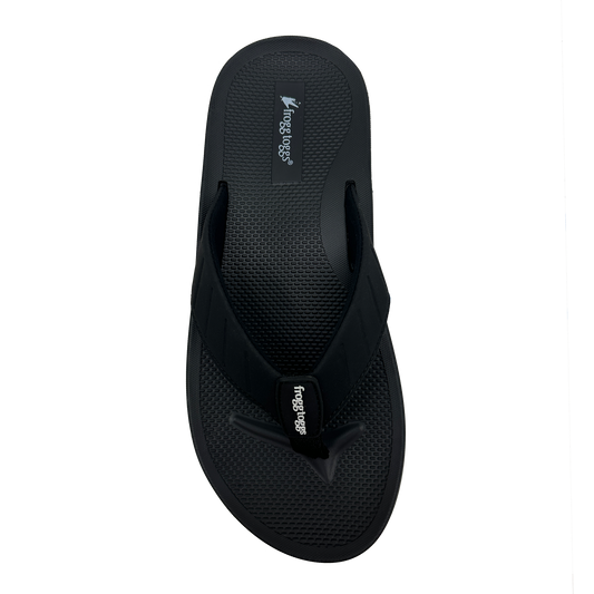 Black sandal with brand logo on a white background
