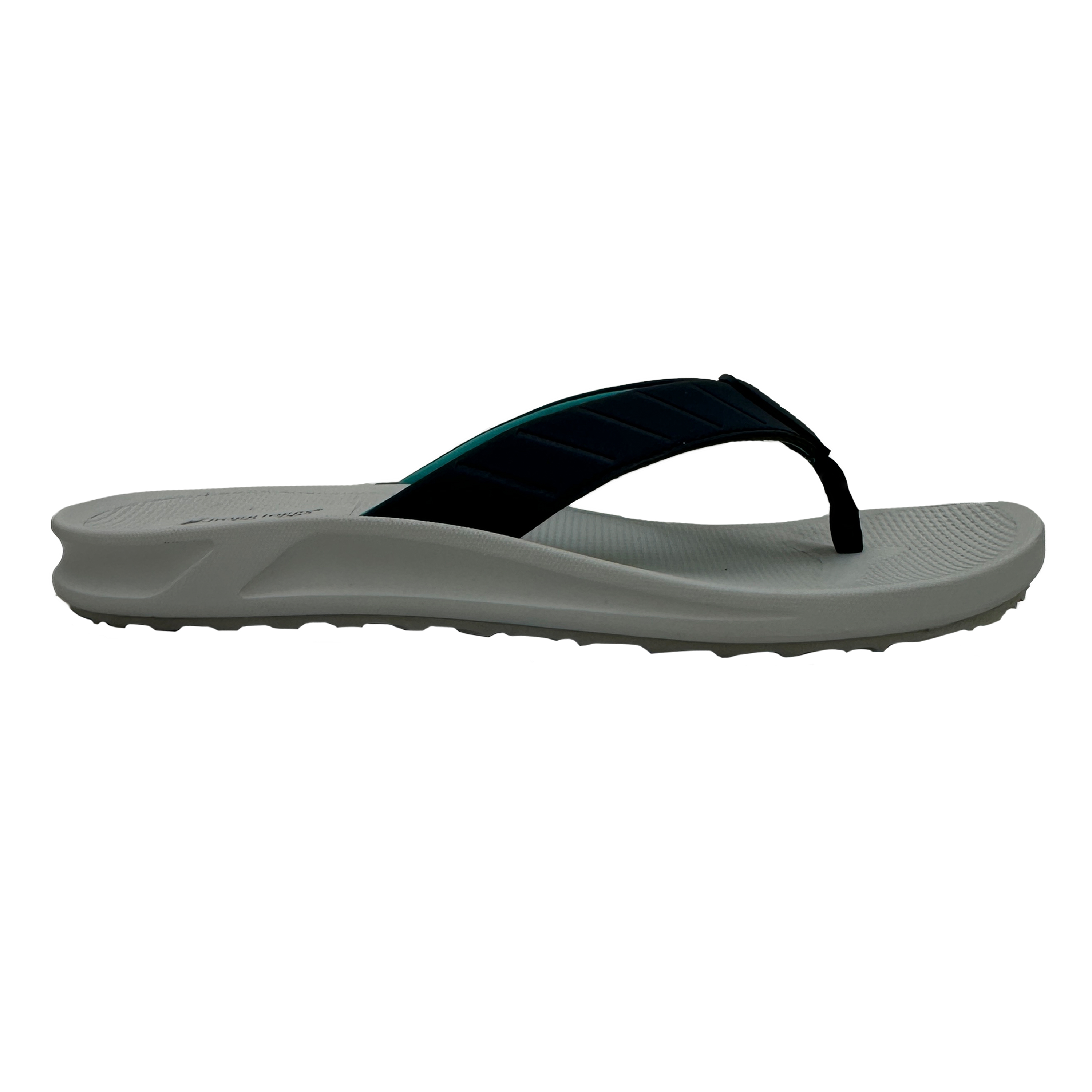 Gray sandal with a black strap on a white background