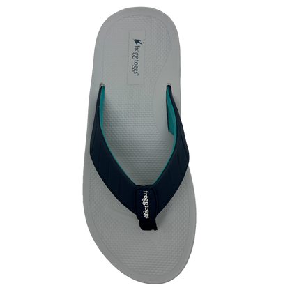 Gray sandal with a blue strap on a white background