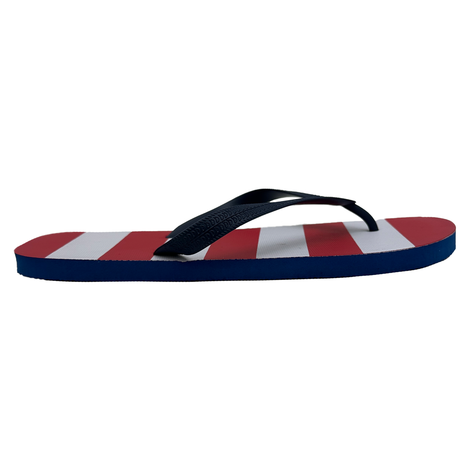Flip-flop with red, white, and blue stripes on a white background