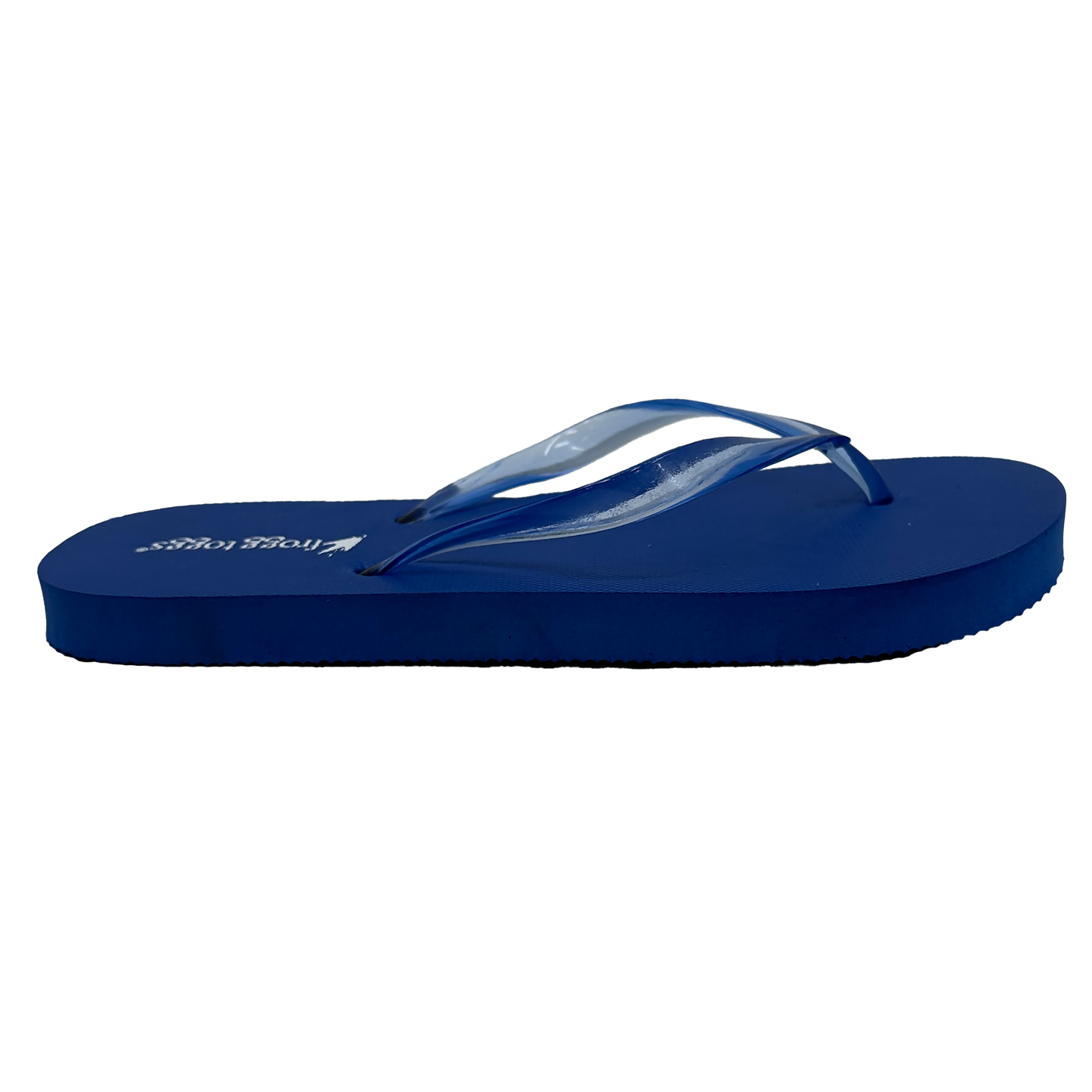 Blue flip-flop sandal with a brand logo on a white background