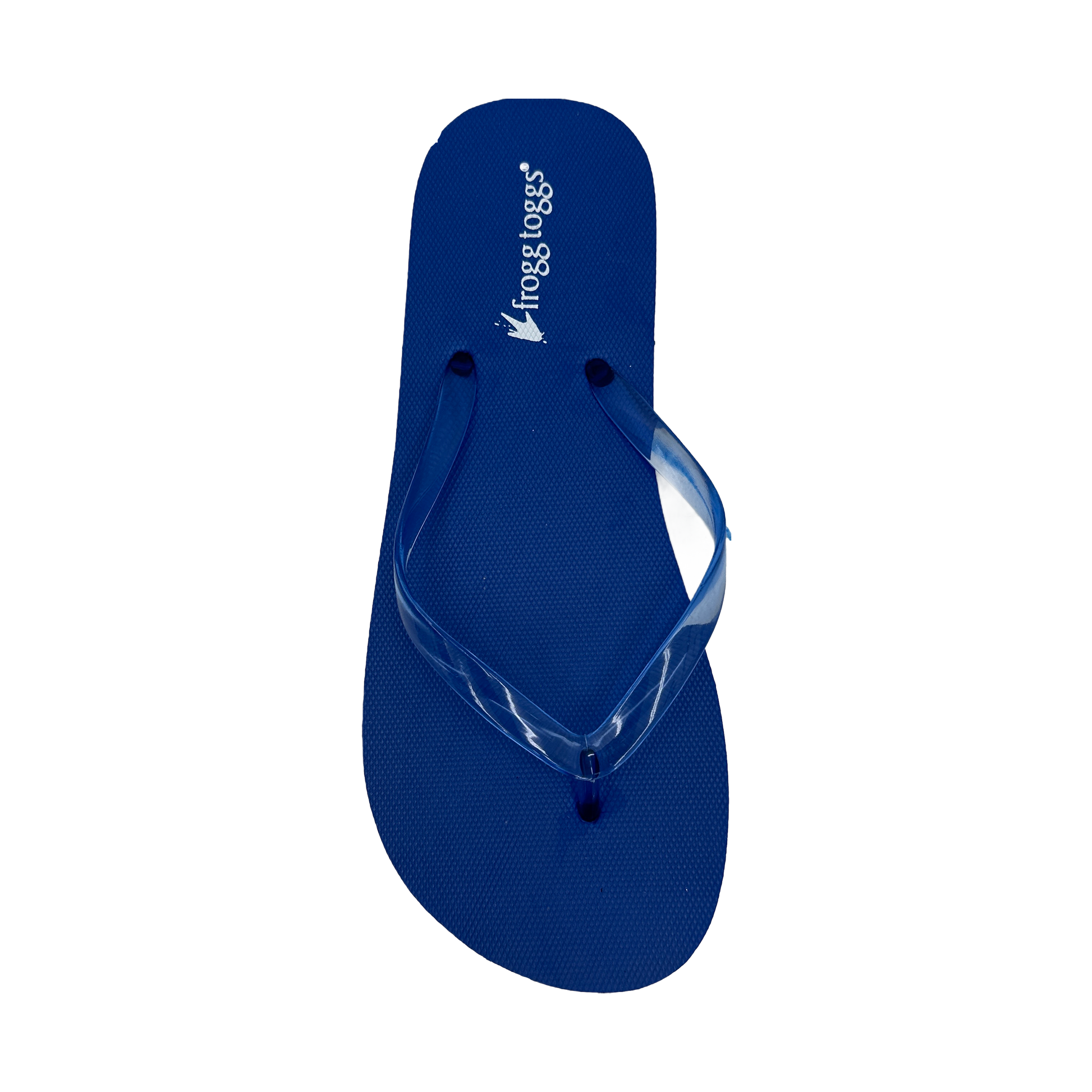Blue flip-flop sandal with a visible brand logo on a white background