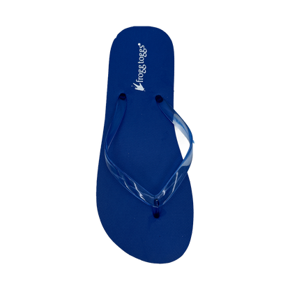 Blue flip-flop sandal with a visible brand logo on a white background