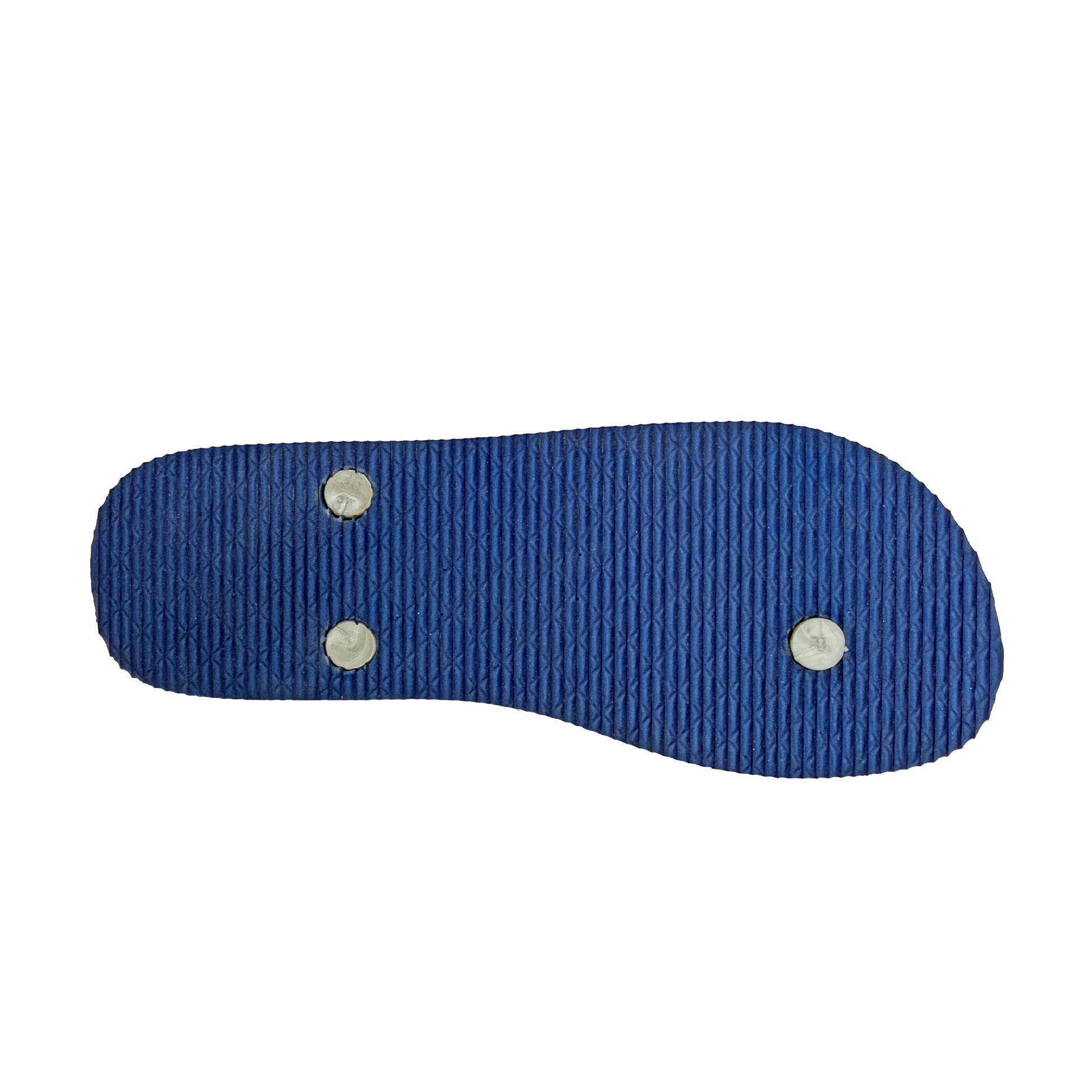 Blue sandal insole with three silver buttons on a white background