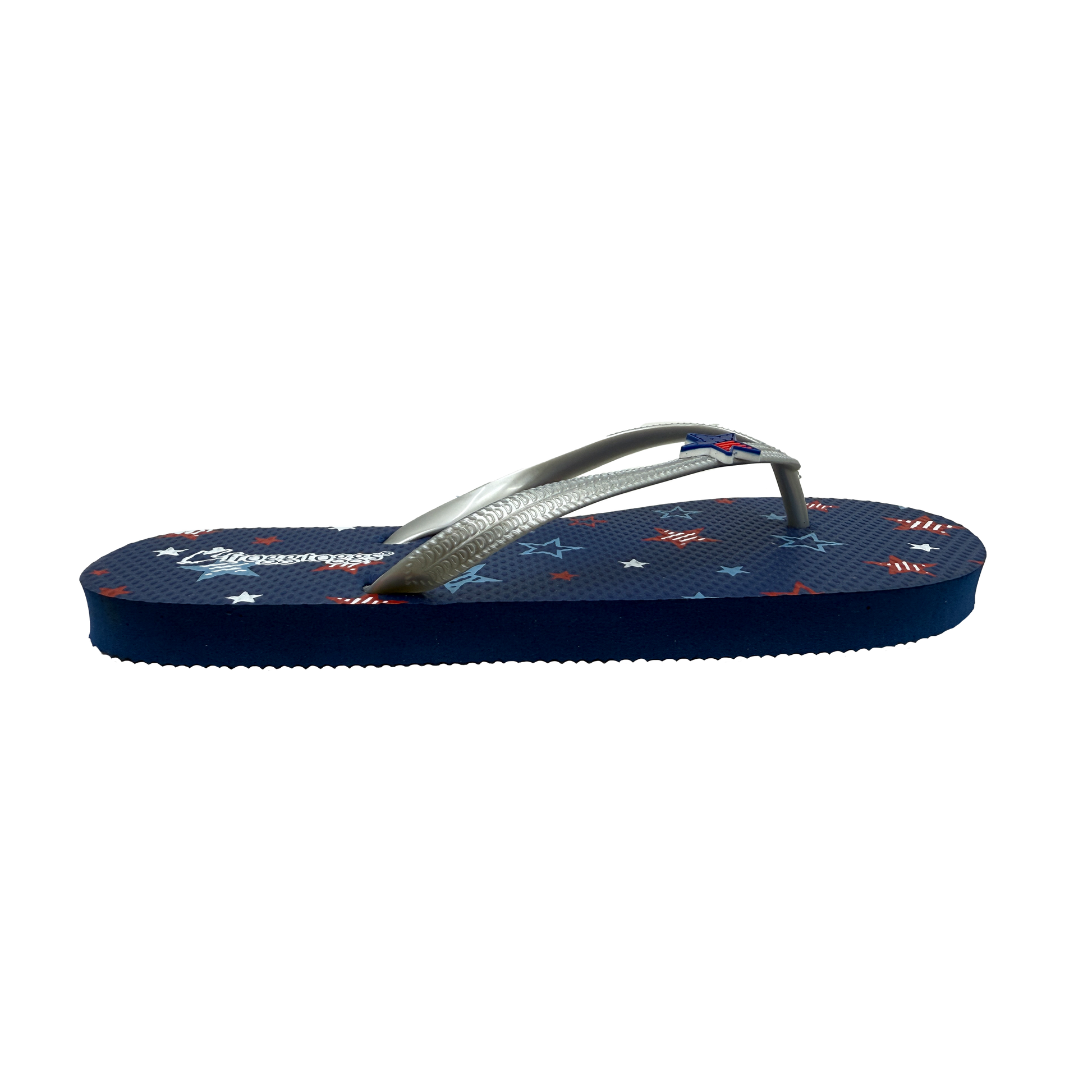 navy flip flop with decorative elements on a white background