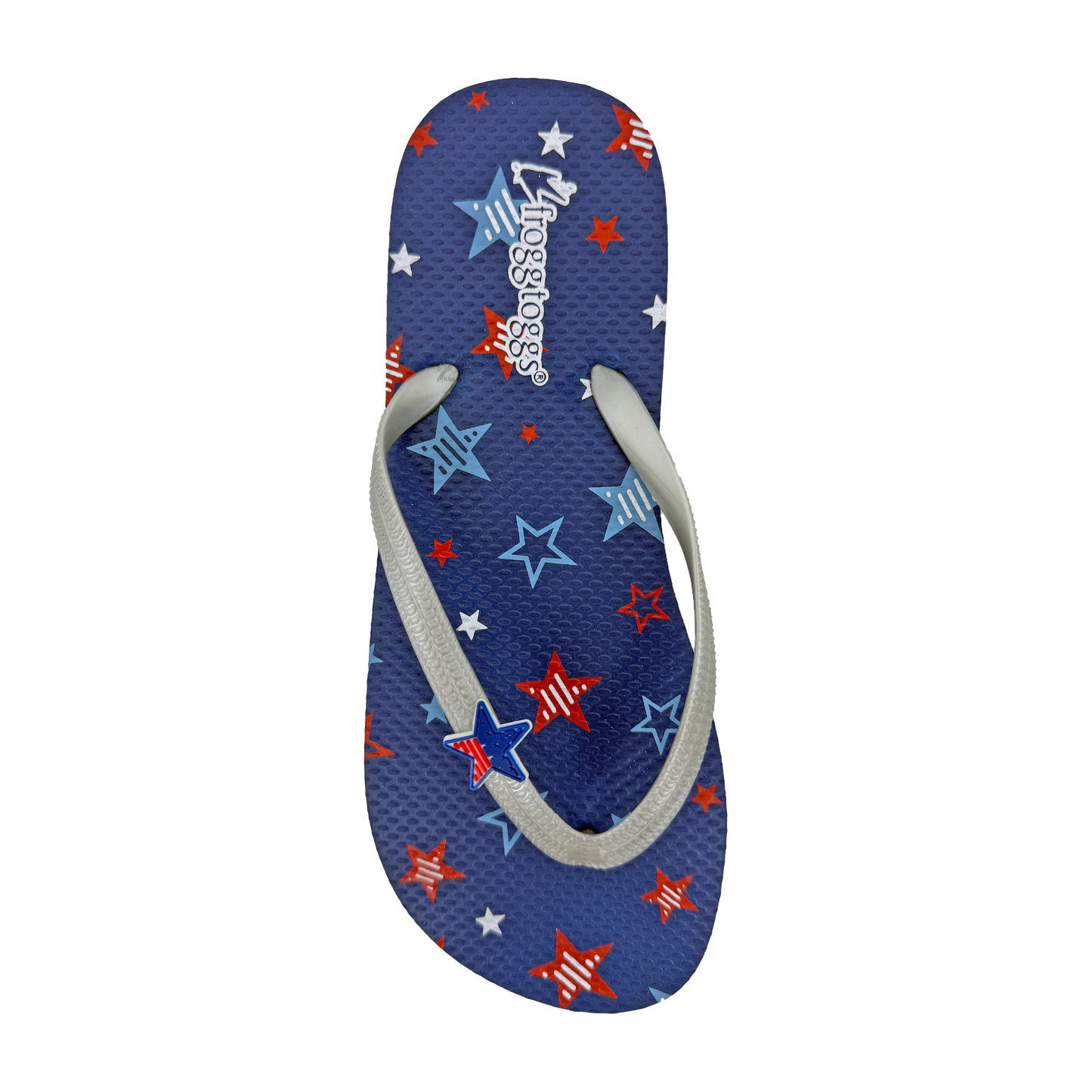 Blue flip-flop with star pattern on a white background