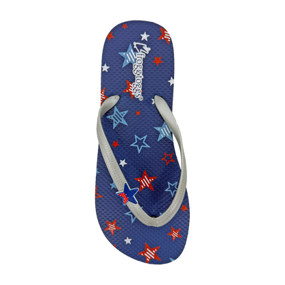 Blue flip-flop with star pattern on a white background
