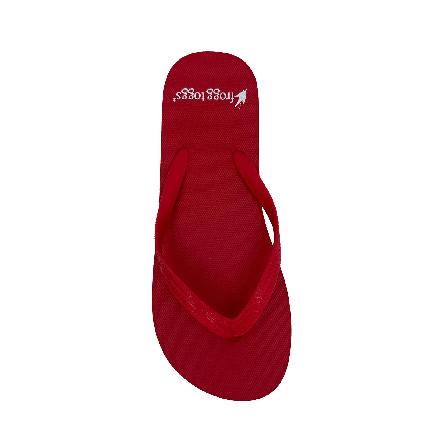 Red flip-flop sandal with a logo on a white background