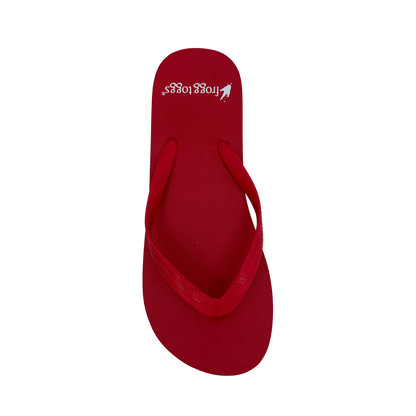 Red flip-flop sandal with a logo on a white background